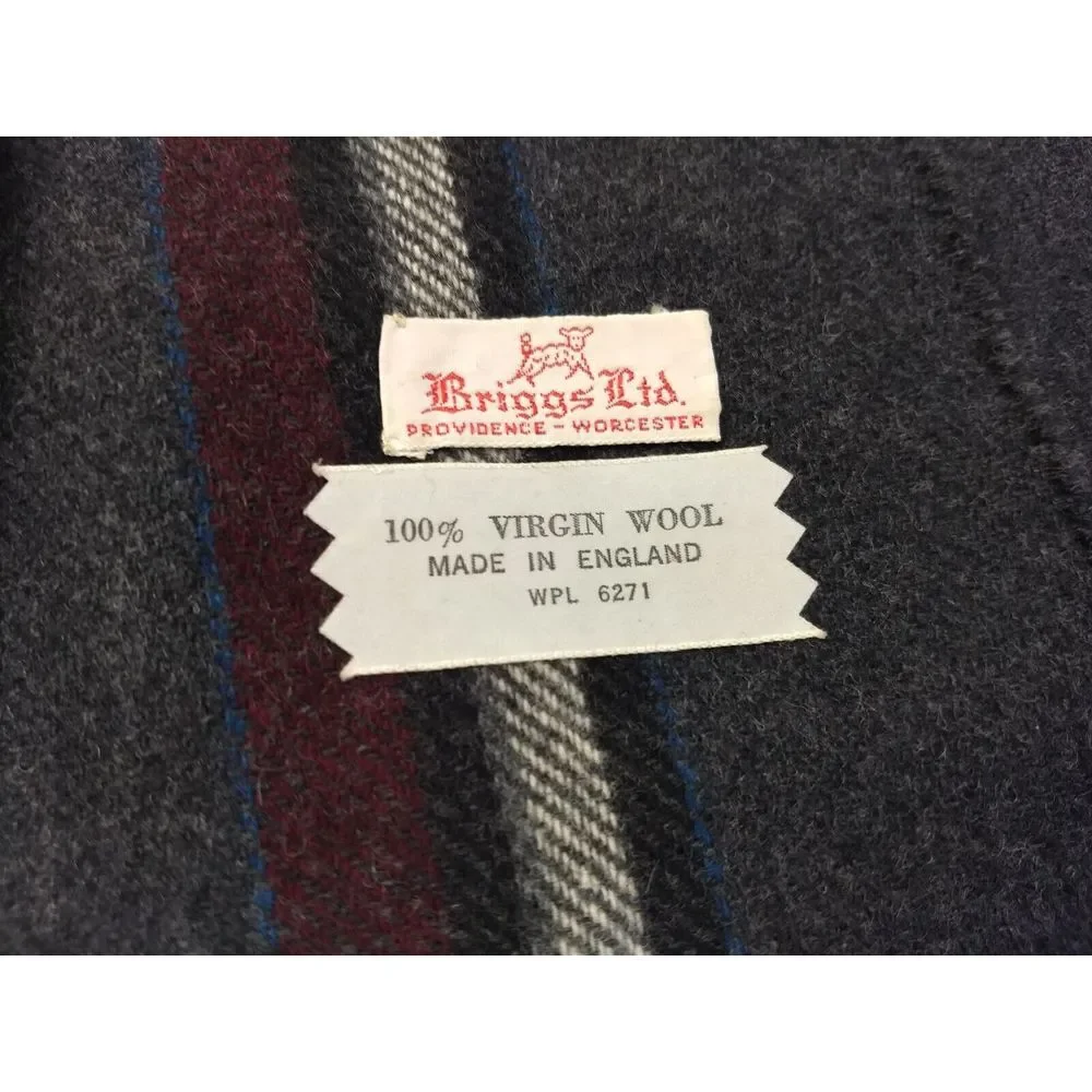 Briggs 100% Virgin Wool Scarf Mens Plaid Dark Grey Cranberry Mini Fringe England